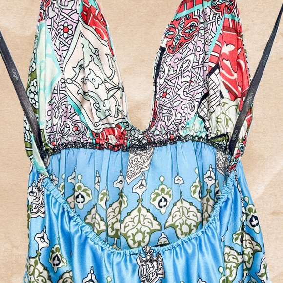 1980s Boho Silk Mini Dress - Vintage Halter Neck Dress - Size Small - 100% Silk - Picture 6 of 9